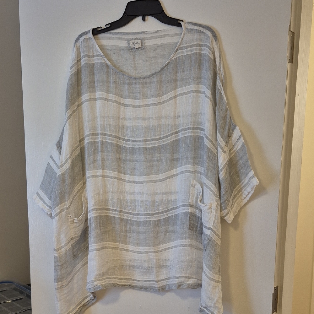 Meg by Design Linen Oversized Top – OS – Plaid Lagenlook Style